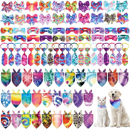 Reginary 120 Pcs Tie Dye Dog Bandanas Bulk Dog Bows Set Bow Ties Cat Scarf Colorful Washable Triangle Pet Kerchief Cute Bib for Summer Small Medium Large Pets Grooming Accessories Costume
