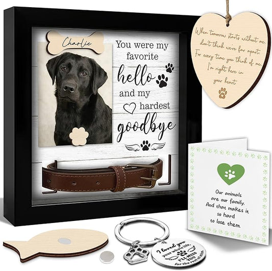 2-Sided Pet Memorial Frame with Collar Holder, Pet Memorial Ornament, Dog Cat Sympathy Card, Loss of Dog Paw Print Keychain, Remembrance Gift for Cat Lovers, Favorite Hello Hardest Goodbye PF225