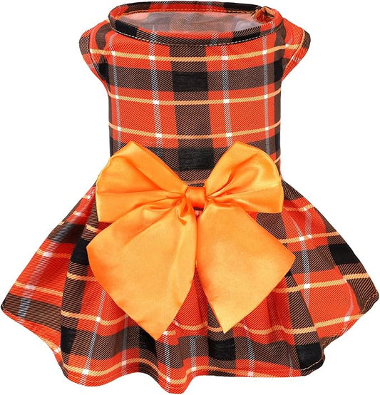 PUPTECK Plaid Fall Dog Dress Pet Apparel for Autumn with Cute Bowtie Puppy Clothes Outfit, Plaid, XS