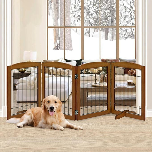 LZRS 4-Panel Freestanding Wooden Dog Gate?”Extra Wide 30??Tall Foldable Pet Barrier with Support Feet, Solid Hardwood & Steel Wire Safety Gate for Doorways, Hallways, and Stairs, Cherry