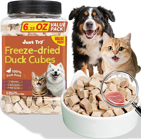 Just Try 6.35 oz Freeze-Dried Duck Cubes for Dogs & Cats ??Single-Ingredient Dog Treats&cat Treats, Grain-Free, High Protein, Low Fat, Supports Skin & Joint Health ??Natural Training Treats