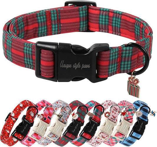 Unique Style Paws Christmas Dog Collar Plastic Buckle with Pendant Red Green Scottish Plaid Cotton Puppy Collars for Small Medium Large Dogs