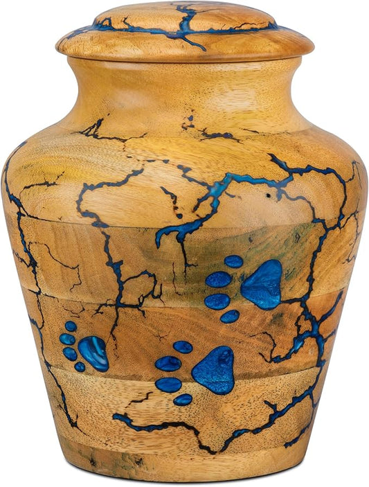 INTAJ Wooden Pet Urns for Dogs/Cats Ashes - Blue Resin Paws & Lichtenburg Design - Keepsake Cremation Urn Box, Pet Memorial Wooden Urns for Ashes, Small to Large Sizes (Classic, Large)