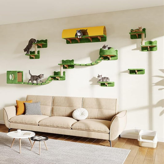 16-in-1 Cat Wall Shelves, Wall Mounted Cats Furniture Set w/Plush Fabric, Cat Climbing Systems, Cats Shelf with 40''L Tunnel, Condos, House, Steps, Bridge Ladder & Scratching Post, Green