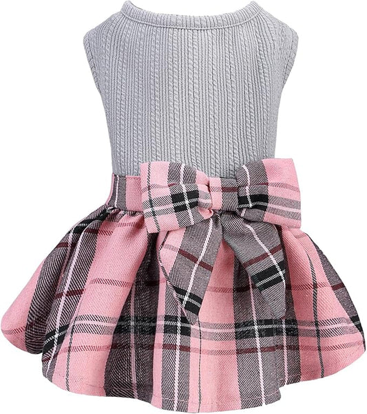 PUPTECK Classic Plaid Dog Dress Pet Apparel with Cute Bowtie Puppy Clothes Outfit,Grey,S