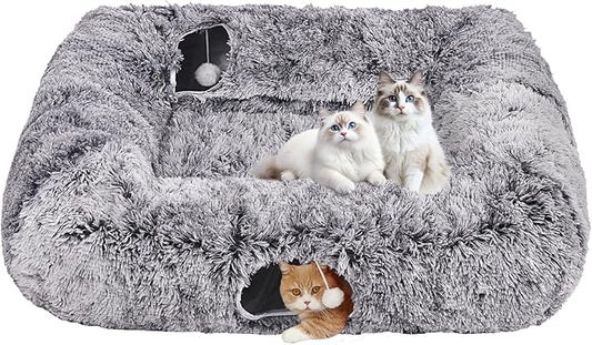 Extra Large Cat Tunnel Bed, 4 Ways Tunnels for Indoor Cats, Multi-cat Family Pet Bed & Cave, Plush Cat Donut with Washable Middle Mat, Exit Balls, Pet Play Toy for Kitten Puppy Rabbit, Dark Grey