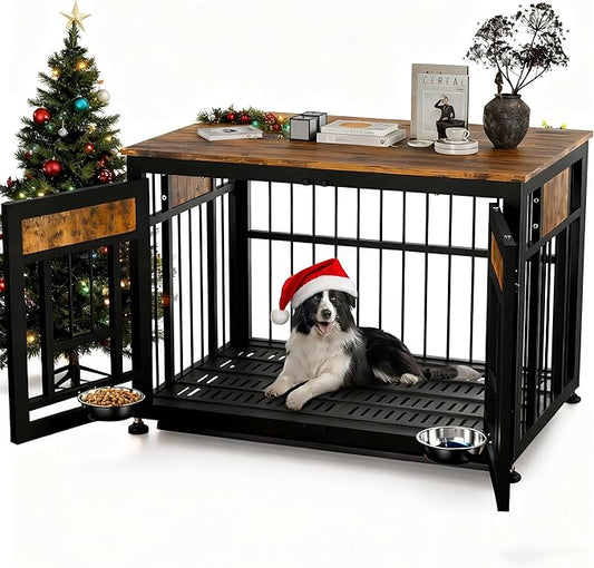 Dog Crate Furniture End Table 38 Inch Hidden Kennel Cabinet with Removable Tray, Thickened Metal Frame Dog Cage, Dual-Purpose Pet House & Nightstand for Living Room