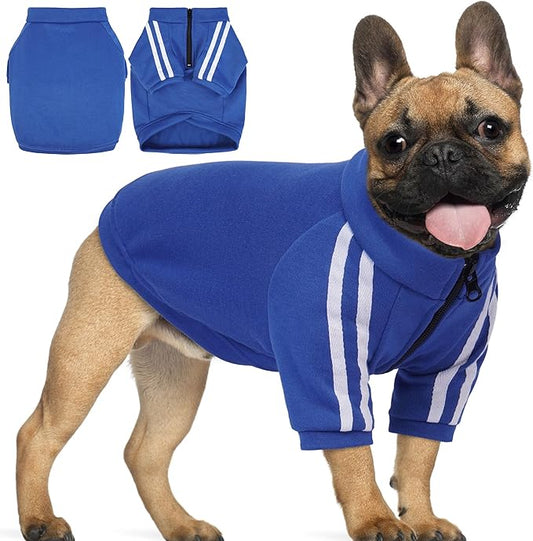 PUMYPOREITY Bulldog Apparel Perfect for French & English Bulldogs, Bully Breeds, Breathable Dog Hoodie with Striped Sleeves, Zipper Front for Easy Wear, Blue, S