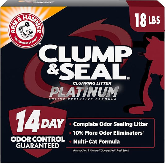 ARM & HAMMER Clump & Seal Platinum Cat Litter, Multi-Cat, 14-Day Odor Control, Rock-Hard Clumps, 18 lbs ??Powerful Odor Eliminator with Baking Soda