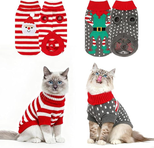 BWOGUE 2 Packs Cat Christmas Sweater Dog Sweaters Pet Cat Winter Knitwear Warm Clothes Pet Santa Claus and Clown Merry Christmas Pets Sweaters for Kittys and Small Dogs