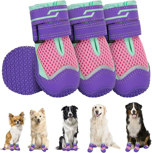 SlowTon Dog Shoes for Large Small Medium Dogs - Breathable Dog Boots for Summer Hot Pavement, Paw Protector for Outdoor Walking Winter Snow, Anti-Slip Rubber Dog Booties for Hardwood Floor (PU PI, 1)