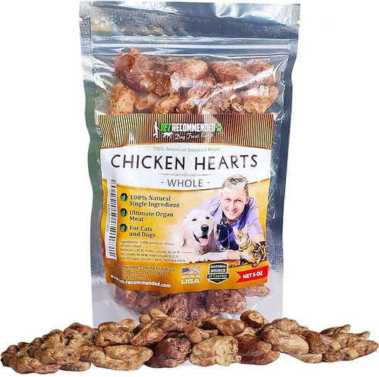 Vet Recommended Premium Whole Chicken Hearts for Dogs and Cats (5oz Bag), Freeze Dried Natural Dog Treats - Perfect Organ Meat for Pets, Human Grade, Natural Source of Taurine, USA Made.