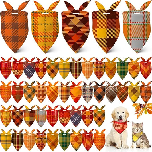 Sweetude 60 Pcs Fall Dog Bandanas Bulk Plaid Bandanas for Dogs Autumn Thanksgiving Pet Scarf Bibs Adjustable Triangle Scarves Costume Accessories Grooming Supplies for Small Medium Large