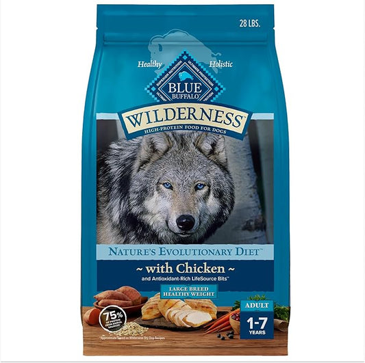 Blue Buffalo Wilderness Natural High-Protein Healthy Weight Dry Food for Large Breed Adult Dogs, Chicken Recipe, 28-lb Bag