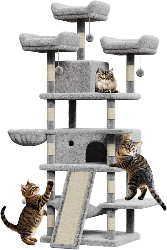 68.5 Inch Tall Cat Tree Tower, Heavy Duty Multi-Level Cat Tower with Scratching Posts, Condo, Plush Perches, Hammocks, Basket & Dangling Balls, Cat Furniture for Indoor Cats, Light Grey