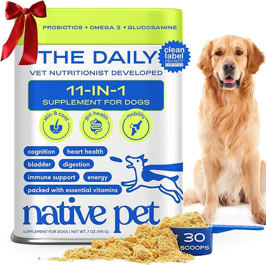 Native Pet Dog Vitamins & Supplements - 11-in-1 Vitamin Powder for Dog Food Topper - Collagen, Glucosamine, Probiotics, Omega & More- Supports Healthy Gut, Mobility & Overall Health - 30 Scoops