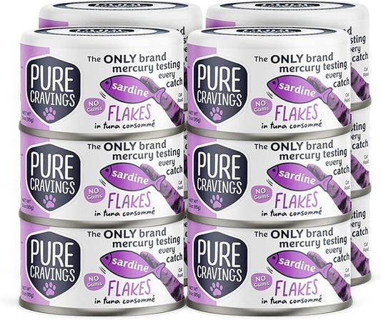Pure Cravings Sardine Flakes in Tuna Consommé, Canned Wet Cat Food Soup, 100% Mercury-Tested, Moist Can Fish, Grain-Free Protein, Non-GMO, 3oz, Pack of 12