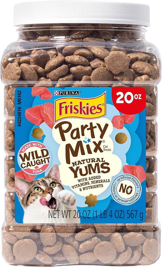 Purina Friskies Natural Cat Treats, Party Mix Natural Yums With Wild Caught Tuna and Added Vitamins, Minerals and Nutrients - 20 oz. Canister
