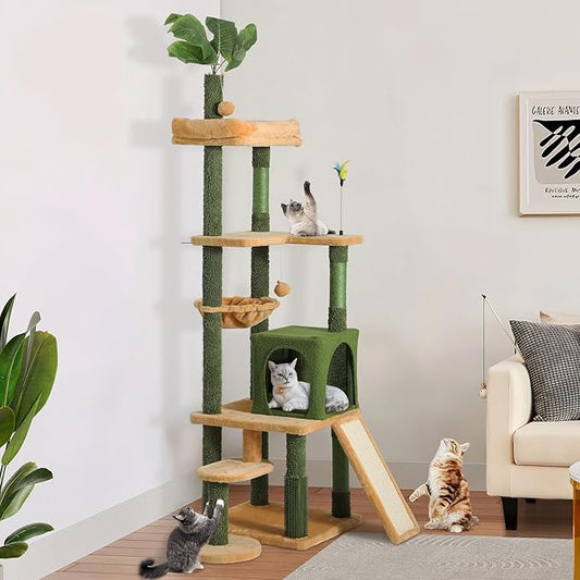 YITAHOME Tall Cat Tree Tower with Leaves for Indoor Cats, 72.8in Cute Cat Climbing Tower with Self-Grooming Brush, Cat Condo, Top Perch, Basktet, Sisal Scratching Posts and Board, Dangling Ball