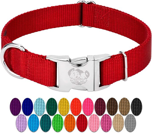 Country Brook Petz Premium Nylon Dog Collar with Metal Buckle for Small Medium Large Breeds - Vibrant 30+ Color Selection (Extra Large, 1 Inch, Red)