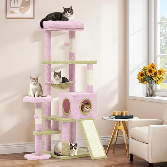 YITAHOME 61" Flower Cat Tree, Cat Tree Cute with Large Metal Frame Hammock, Silicone Tickling Column, Cat Scratched Board, 3 Sisal Scratching Posts, Aesthetic Cat Tower with Condo and Perches