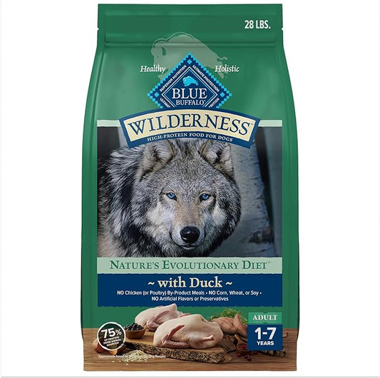 Blue Buffalo Wilderness Natural High-Protein Dry Food for Adult Dogs, WITH WHOLESOME GRAINS, Duck, 28-lb Bag.