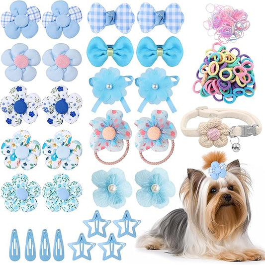 180+ Pcs Blue Dog Hair Accessories Set,Small Dog Hair Bows with Rubber Bands,Cute Puppy Hair Ties,Bowties for Small Dogs Cats,Dog Hair Clip,Floral Bell Collar,Flower Scrunchie