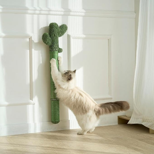 35" Extra-Tall Wall Mounted Cat Scratcher ??Vertical Sisal Scratching Post for Large Cats, Space-Saving Cat Wall Climber with Self-Grooming Brush & Hanging Ball Toy, Stylish Cactus Design, Green