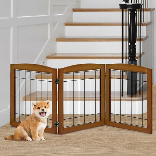 LZRS 3-Panel Freestanding Foldable Wooden Dog Gate ?“Solid Wood & Steel Wire Chew-Resistant Indoor Safety Pet Fence for Doorways & Stairs, Ideal for Small to Medium Dogs & Puppies, Cherry