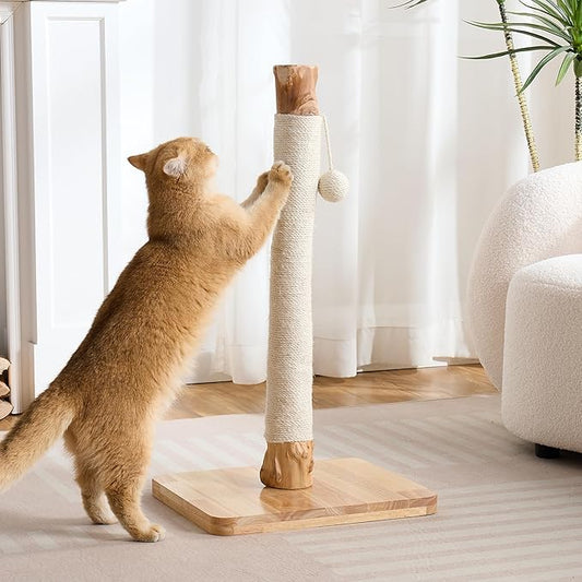 29" Tall Cat Scratching Post for Indoor Cats Adults, Extra-Stable & Natural Solid Wood Scratching Post Sisal Scratcher with Hanging Funny Ball, White