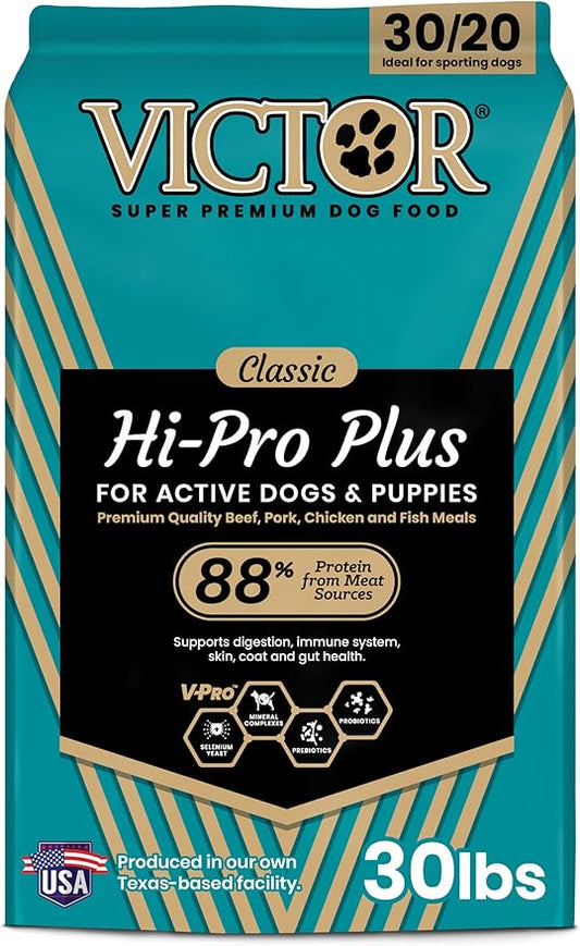 VICTOR Super Premium Dog Food ??Hi-Pro Plus Dry Kibble ??High Protein Dog Food with 30% Protein ??Beef, Chicken, Pork, Fish Meals, Gluten Free - for High Energy and Active Dogs & Puppies, 30lbs