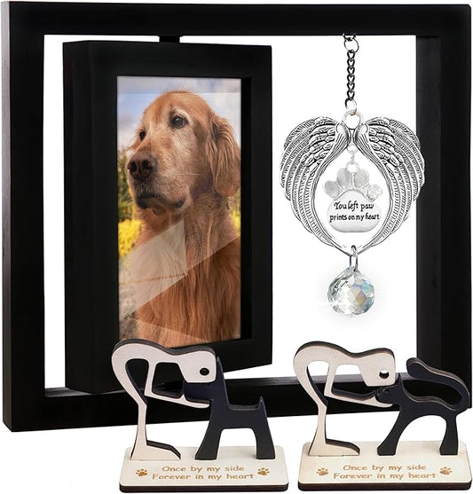 Black Rotating Wooden Picture Frame 4x6 Photo Pet Angel Wings Memorial Ornament Crystal Rainbow You Left Pawprints on My Heart, Dog Cat Bereavement Remembrance Gifts In Loving Sympathy Frame PR-4B