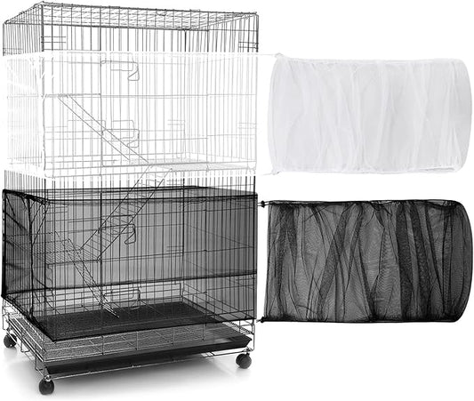 Shappy 2 Pieces Adjustable Bird Cage Seed Catcher Birdcage Cover Nylon Mesh Netting Soft Skirt Guard for Parrot Parakeet Macaw Round Square Cage(118 x 14.6 Inch,White, Black)