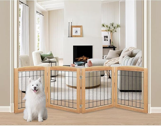 LZRS 4-Panel Extra-Wide Wooden Freestanding Dog Gate: Foldable Solid Wood and Steel Wire Chew Resistant Safety Barrier for Doorways, Stairs, and Large Open Spaces Indoor Use, Natural