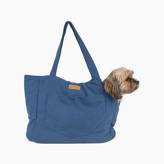 Corduroy Dog Carrier - Lightweight Cotton Soft-Sided Pet Tote with Safety Harness Clip - Breathable Travel Carrier for Small Dogs and Puppies (Dark Blue)