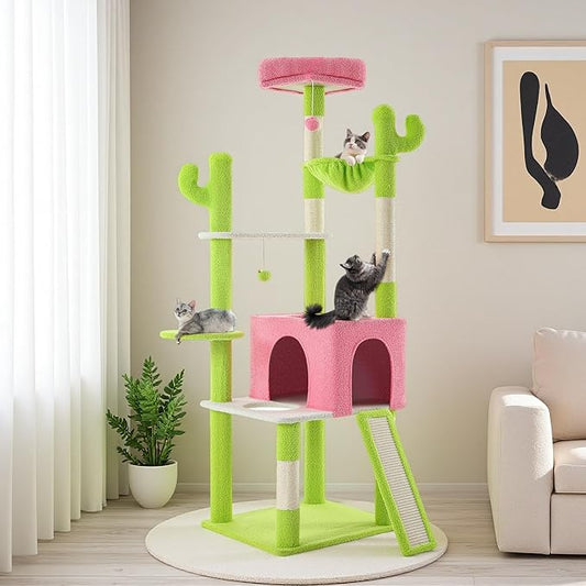 YITAHOME Tall Cactus Cat Tree: 68 in Cats Tower Activity Center with Sisal Posts, Hanging Balls, Nest, Pet Climbing Furniture Ideal for Indoor Kittens, Green & Pink