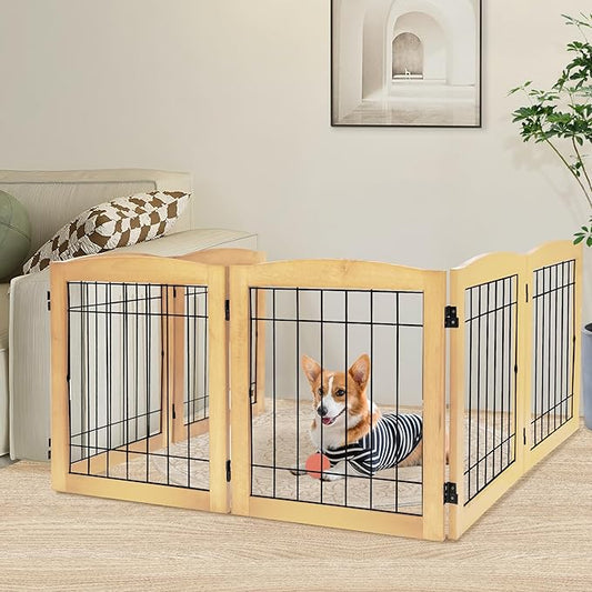 LZRS 6-Panel Extra Wide Wooden Freestanding Dog Gate: Foldable Solid Wood and Steel Wire Chew Resistant Safety Barrier for Doorways, Stairs, and Open Long Spaces Indoor Use, Natural