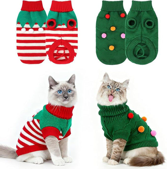 BWOGUE 2 Packs Cat Christma Sweater Dog Sweaters Pet Cat Winter Knitwear Warm Clothes Christmas Ball Christmas Tree Pet Sweaters for Kittys and Small Dogs
