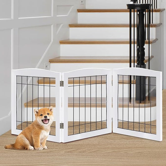 LZRS 3-Panel Freestanding Foldable Wooden Dog Gate ?“Solid Wood & Steel Wire Chew-Resistant Indoor Safety Pet Fence for Doorways & Stairs, Ideal for Small to Medium Dogs & Puppies, White