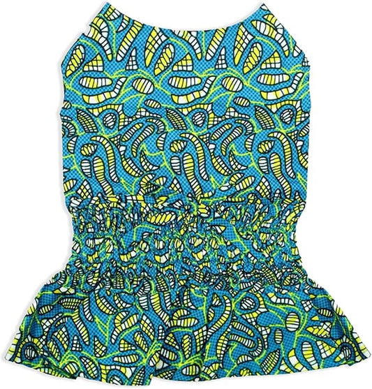 Parisian Pet Tribal Leaves Summer Dress - Medium Dog Girl's Puppy Dress - Lightweight, Ruched Waist Beach Outfit