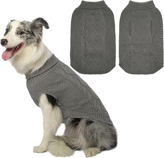 Mihachi Turtleneck Dog Sweater - Winter Coat Apparel Classic Cable Knit Clothes with Leash Hole for Cold Weather, Ideal Gift for Pet in New Year Smoky Gray Small/Medium