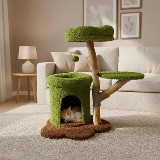 Real Wood Cat Tree Tower for Small Cats & Kittens (Up to 7 lbs) ??Multi-Level Condo with Scratching Post, Cave, Perch & Toys, Green with Brown Base