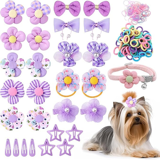 180+ Pcs Purple Dog Hair Accessories Set,Small Dog Hair Bows with Rubber Bands,Cute Puppy Hair Ties,Bowties for Small Dogs Cats,Dog Hair Clip,Floral Bell Collar,Flower Scrunchie