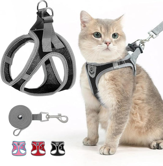 SCENEREAL Cat Harness and Leash Set Escape Proof, Adjustable Soft Air Mesh Kitten Harnesses for Girls Boys Small Medium Big Cats, Reflective Light Travel Pet Walking Vest for Puppy Rabbit, Black L