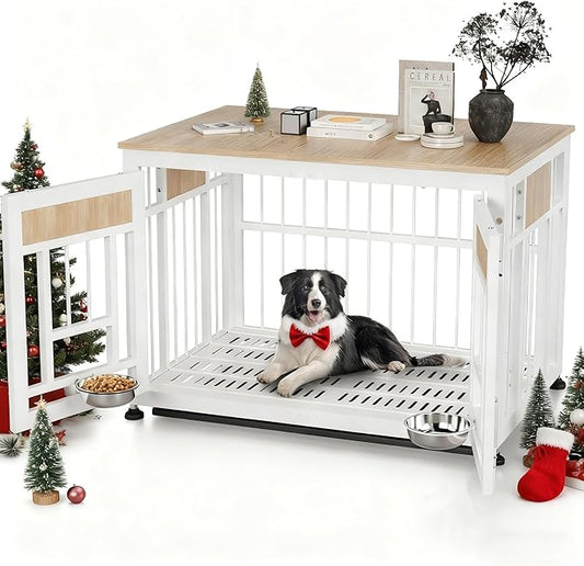 Dog Crate Furniture End Table, 38 Inch Hidden Kennel Cabinet with Removable Tray, Thickened Metal Frame Dog Cage, Dual-Purpose Pet House & Nightstand for Living Room