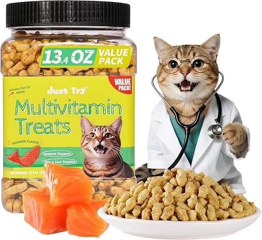 Just Try 13.4 OZ Cat Multivitamin Crunchy Chews Treats for Health and Immune Cat Joint Support Skin & Coat & Digestion Vitamins Supplements Biscuits Snacks