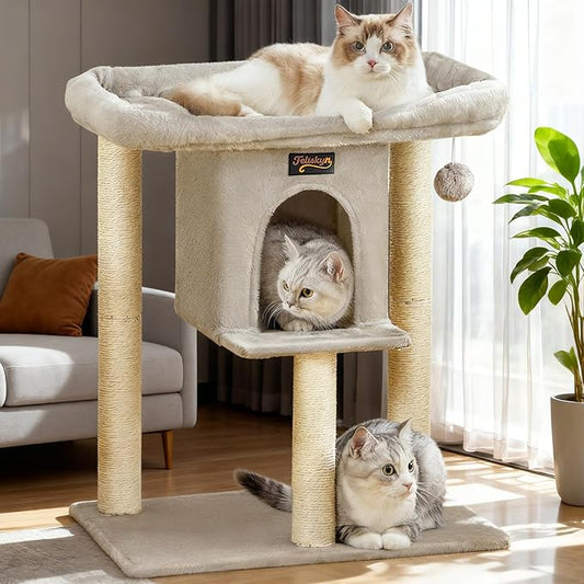 Small Cat Tree Tower for Indoor Large Cats, Cat Scratching Post with Big Perch Bed, 28in Tall Trees House with Condo Cave, Toy Balls, Modern Climbing Furniture Big Platform for Kitten (Light Gray)