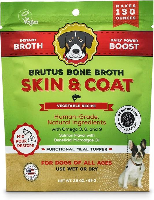 Brutus Broth Dog Food Topper - Vegetable Instant Broth Powder for Adult Dogs??Skin & Coat - Made with Natural Ingredients - Serve Dry or Wet - Salmon Flavor - 3.5 oz Pack (Makes 130 oz with Water)