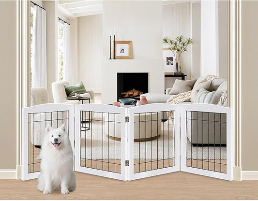 LZRS 4-Panel Extra-Wide Wooden Freestanding Dog Gate: Foldable Solid Wood and Steel Wire Chew Resistant Safety Barrier for Doorways, Stairs, and Large Open Spaces Indoor Use, White