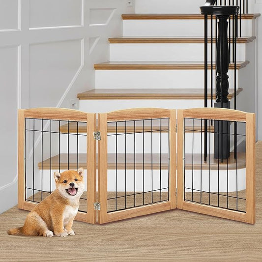 LZRS 3-Panel Freestanding Foldable Wooden Dog Gate ?“Solid Wood & Steel Wire Chew-Resistant Indoor Safety Pet Fence for Doorways & Stairs, Ideal for Small to Medium Dogs & Puppies, Natural